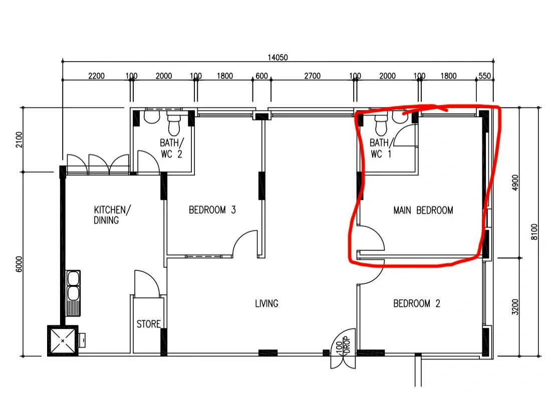 Supplied floor plan. Rental master bedroom and attached bathroom are highlighted at the top right.
